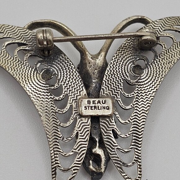 VTG Beau Brooch 925 Sterling Silver Floral Butterfly Moth Filigree Fairycore Pin - Picture 7 of 10